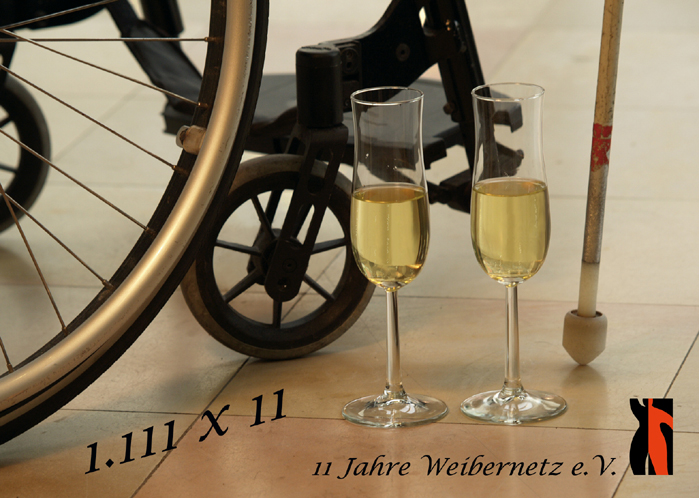 Postkarte: Sektgl&auml;ser, Rollstuhl, Blindenstock