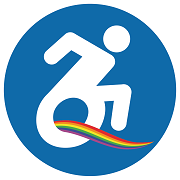 Neues Vereinssignet 2019: Weier aktiver Rolli-Fahrer auf blauem Schild mit Regenbogen-Deko